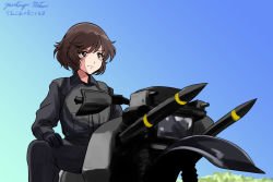 Rule 34 | 1girl, akiyama yukari, artist name, black gloves, black jacket, black pants, blue sky, brown eyes, brown hair, clear sky, closed mouth, commentary, dated, delta force, frown, girls und panzer, gloves, hands on thighs, jacket, looking to the side, matsui yasutsugu, messy hair, missile, motor vehicle, motorcycle, on motorcycle, pants, parody, short hair, signature, sitting, sky, solo