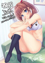 Rule 34 | 1girl, :&gt;, ahoge, blue eyes, blush, bra, breasts, brown hair, closed mouth, couch, feet, female focus, game cg, head tilt, highres, indoors, japanese text, kneehighs, knees together feet apart, legs, long hair, looking at viewer, original, panties, side ponytail, sitting, small breasts, smile, socks, solo, tachibanaki riho, thighs, uchi no imouto, underwear, underwear only, yamakaze ran