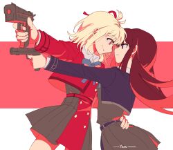 Rule 34 | 2girls, blonde hair, brown hair, chinese commentary, closed mouth, commentary request, dress, eye contact, grey skirt, gun, hair ribbon, hand on another&#039;s waist, handgun, highres, holding, holding gun, holding weapon, inoue takina, long hair, long sleeves, looking at another, lycoris recoil, lycoris uniform, medium hair, multiple girls, nishikigi chisato, pleated skirt, purple eyes, red background, red dress, red eyes, red ribbon, ribbon, skirt, smile, two-tone background, weapon, white background, yanlingjinshilihuahua, yuri