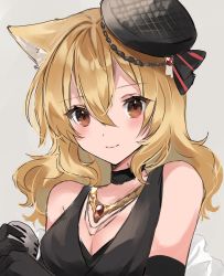 Rule 34 | 1girl, amesaki vanilla, animal ear fluff, animal ears, arknights, bare shoulders, black choker, black gloves, black hat, blonde hair, blush, breasts, brown eyes, choker, cleavage, closed mouth, elbow gloves, gloves, hat, highres, jewelry, long hair, looking at viewer, medium breasts, microphone, necklace, official alternate costume, photoshop (medium), smile, solo, sora (arknights), sora (melodiosa) (arknights), tilted headwear, upper body, wolf ears
