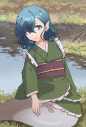 Rule 34 | 1girl, blue eyes, blue hair, collarbone, drill hair, fins, frilled kimono, frills, grass, green kimono, head fins, highres, japanese clothes, kimono, long sleeves, looking at viewer, mermaid, monster girl, nurupo (abooon), obi, pond, sash, sitting, solo, touhou, wakasagihime, water