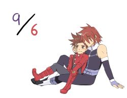 Rule 34 | 00s, 2boys, 9/6, age difference, belt, blush, boots, brown eyes, brown hair, brushing cheek, closed eyes, father and son, fingerless gloves, gloves, kratos aurion, lloyd irving, male focus, multiple boys, red hair, sitting, sitting on lap, sitting on person, suspenders, tales of (series), tales of symphonia