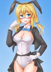 Rule 34 | 1girl, alternate costume, anti (untea9), blonde hair, blue background, breasts, collarbone, cowboy shot, glasses, gloves, gradient background, highres, i-8 (kancolle), kantai collection, leotard, long sleeves, looking at viewer, medium breasts, open mouth, red-framed eyewear, smile, solo, tailcoat, tailcoat playboy bunny, white gloves, white leotard