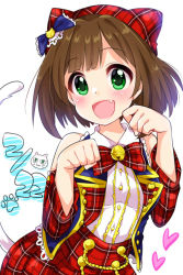 Rule 34 | 10s, 1girl, :d, animal ears, bad id, bad pixiv id, bell, blush, bow, brown hair, cat ears, cat tail, dated, fang, green eyes, hair bow, hat, idolmaster, idolmaster cinderella girls, maekawa miku, open mouth, paw pose, plaid, short hair, smile, solo, tail, trente, white background