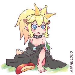 Rule 34 | 1girl, 1koma, absurdres, age regression, aged down, black dress, blonde hair, blue eyes, bowsette, child, collar, comic, commentary, dress, gimme2000, hair between eyes, highres, horns, long hair, mario (series), meitantei conan, new super mario bros. u deluxe, nintendo, oversized clothes, parody, ponytail, spiked collar, spikes, super crown