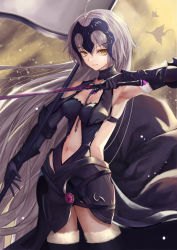 Rule 34 | 1girl, absurdres, ahoge, argyle, argyle clothes, argyle cutout, armpits, banner, black dress, breasts, center opening, chain, cleavage, clothing cutout, commentary request, dress, fate/grand order, fate (series), fur trim, hair between eyes, headpiece, highres, holding, holding sword, holding weapon, jeanne d&#039;arc (fate), jeanne d&#039;arc alter (avenger) (fate), jeanne d&#039;arc alter (avenger) (third ascension) (fate), jeanne d&#039;arc alter (fate), long hair, navel, nekobell, silver hair, sky, solo, staff, sword, thighhighs, thighs, very long hair, weapon, yellow eyes, yellow sky