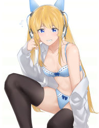 Rule 34 | 1girl, :d, animal ear headphones, axent wear, bare shoulders, black thighhighs, blonde hair, blue bra, blue eyes, blue panties, bra, breasts, cat ear headphones, cleavage, collarbone, dress shirt, fake animal ears, flying sweatdrops, grin, headphones, long hair, looking at viewer, medium breasts, navel, off shoulder, open clothes, open mouth, open shirt, panties, saenai heroine no sodatekata, saruno (eyesonly712), sawamura spencer eriri, shirt, simple background, sitting, smile, solo, stomach, thighhighs, twintails, underwear, very long hair, white background, white shirt