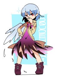 Rule 34 | 1girl, angel wings, bad id, bad twitter id, bow, bowtie, covering own mouth, dress, feathered wings, feathers, full body, grey wings, hand on own hip, hand over own mouth, highres, jacket, kishin sagume, looking at viewer, moyazou (kitaguni moyashi seizoujo), purple dress, purple footwear, red bow, red bowtie, red eyes, shoes, silver hair, single wing, solo, standing, touhou, translation request, wings