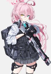 Rule 34 | 1girl, absurdres, ahoge, black gloves, blue archive, blue eyes, commentary, dual wielding, fingerless gloves, gloves, grey background, gun, hair between eyes, halo, handgun, heterochromia, highres, holding, holding gun, holding weapon, hoshino (armed) (blue archive), hoshino (blue archive), kazukingu, long hair, looking at viewer, pink hair, plaid clothes, plaid skirt, ponytail, pouch, shirt, simple background, skirt, solo, thigh strap, very long hair, weapon, white shirt, yellow eyes