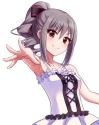 Rule 34 | 10s, 1girl, alternate hairstyle, armpits, bare arms, bare shoulders, dress, drill hair, highres, idolmaster, idolmaster cinderella girls, kanzaki ranko, looking at viewer, outstretched arm, outstretched hand, ponytail, rariemonn, red eyes, silver hair, simple background, sleeveless, sleeveless dress, smile, solo, white background, white dress