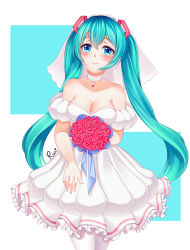 Rule 34 | 1girl, absurdres, aqua hair, artist name, blue eyes, blush, breasts, choker, cleavage, dress, hatsune miku, highres, jewelry, long hair, medium breasts, pantyhose, ring, rurithuytien, smile, solo, strapless, strapless dress, twintails, very long hair, vocaloid, wedding band, white pantyhose