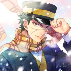 Rule 34 | 1boy, artist name, black hair, brown eyes, facial scar, golden kamuy, hand up, hat, jin akhr, kepi, male focus, military hat, scar, scar on cheek, scar on face, scar on nose, scarf, short hair, simple background, smile, snow, solo, sugimoto saichi, upper body, wind, yellow scarf