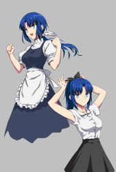 Rule 34 | 1girl, alternate costume, alternate hair length, alternate hairstyle, apron, armpits, blue eyes, breasts, ciel (tsukihime), clenched hands, grey background, high ponytail, highres, long hair, low ponytail, medium breasts, multiple views, oceanbellereine, smile, tsukihime, type-moon