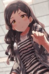 Rule 34 | 10s, 1girl, bad id, bad pixiv id, blurry, blush, breasts, brown eyes, brown hair, collarbone, commentary request, depth of field, highres, idolmaster, idolmaster million live!, kitazawa shiho, long hair, looking at viewer, looking down, narumi arata, shirt, solo, striped clothes, striped shirt, sweatdrop