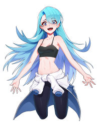 Rule 34 | 1girl, :d, absurdres, aqua hair, blue eyes, breasts, camisole, cleavage, clothes around waist, crop top, cropped legs, earrings, flipped hair, highres, jacket, jacket around waist, jewelry, leggings, long hair, medium breasts, midriff, mmlyno, multiple earrings, navel, open mouth, original, outstretched arms, pants, parted bangs, piercing, sharp teeth, simple background, smile, solo, teeth, tight clothes, tight pants, white background