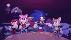 Rule 34 | 2girls, 4boys, absurdres, amy rose, animal ears, animal nose, aqua eyes, arms at sides, bare shoulders, black dress, black footwear, blue eyes, blue fur, blue hair, body fur, boots, child, clenched teeth, closed mouth, cloud, crossed arms, dr. eggman, dress, evan stanley, expressionless, eye contact, eyes in shadow, flat chest, floating, fox boy, fox ears, fox tail, full body, furrowed brow, furry, furry female, furry male, gloves, grey hair, hair over one eye, hairband, hammer, hand up, highres, holding, holding hammer, holding hands, holding weapon, knee boots, knuckles the echidna, long dress, long hair, long sleeves, looking afar, looking at another, looking at viewer, looking back, mary janes, multiple boys, multiple girls, multiple tails, official art, one eye covered, outdoors, parted lips, pink eyes, pink fur, pink hair, purple eyes, red dress, red footwear, red fur, red hair, red hairband, sage (sonic), shoes, short dress, short hair, sidelocks, sideways mouth, silhouette, sky, sleeveless, sleeveless dress, socks, sonic (series), sonic frontiers, sonic the hedgehog, spiked gloves, spiked hair, standing, swept bangs, tail, tails (sonic), teeth, toy hammer, tree, two-tone fur, two tails, weapon, white fur, white gloves, white socks, yellow fur
