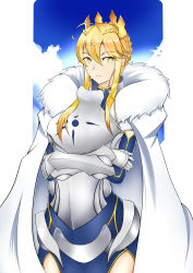 Rule 34 | 1girl, absurdres, ahoge, alternate eye color, armor, artoria pendragon (all), artoria pendragon (fate), artoria pendragon (lancer) (fate), blonde hair, blue sky, braid, cape, crossed arms, crown, day, fate/grand order, fate (series), french braid, fur-trimmed cape, fur trim, highres, long hair, saber (fate), sky, solo, watercat, watercat322, white cape, yellow eyes