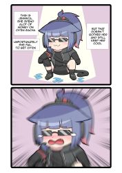 Rule 34 | :3, absurdres, animal ears, arknights, black gloves, blue hair, cat ears, cat tail, crying, english text, engrish text, gloves, headphones, highres, hood, hoodie, jessica (arknights), keita naruzawa, multicolored hair, ponytail, purple background, ranguage, squatting, sunglasses, tail, two-tone hair