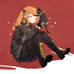 Rule 34 | 1girl, animal, animalization, ass, black cat, black gloves, black jacket, black scarf, boots, bow, brown hair, cat, closed eyes, commentary, fingerless gloves, girls&#039; frontline, gloves, hair bow, hair ornament, hairclip, highres, holding, holding animal, holding cat, hood, hood down, hooded jacket, imminent kiss, jacket, knee pads, open clothes, open jacket, pantyhose, pleated skirt, red background, rejected kiss, scar, scar across eye, scar on face, scarf, sh (shinh), sitting, skirt, star (symbol), twintails, ump45 (girls&#039; frontline), ump9 (girls&#039; frontline), yellow scarf