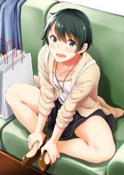 Rule 34 | 1girl, bag, black hair, black skirt, blazer, blouse, butterfly sitting, couch, from above, green eyes, hands on feet, indian style, jacket, jewelry, kantai collection, looking at viewer, mogami (kancolle), necklace, open mouth, shirt, shopping bag, short hair, sitting, skirt, solo, spread legs, white shirt, yammy