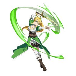 Rule 34 | 10s, 1girl, blonde hair, breasts, cleavage, collar, collarbone, green eyes, hair ornament, highres, leafa, long hair, looking at viewer, official art, open mouth, pointy ears, simple background, solo, sword art online, sword art online: code register, white background, white legwear