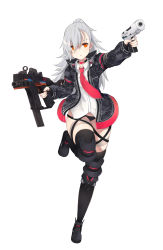 Rule 34 | 1girl, asymmetrical bangs, black footwear, black panties, black thighhighs, camouflage, closers, collared shirt, dress shirt, finger on trigger, gun, hair over one eye, handgun, highres, jacket, knee pads, knee up, kriss super v, kriss vector, linez, looking at viewer, necktie, orange eyes, panties, parted lips, pistol, ponytail, red necktie, shirt, shoes, silver hair, simple background, solo, spiked hair, standing, standing on one leg, submachine gun, thighhighs, tina (closers), underwear, weapon, white background, white shirt