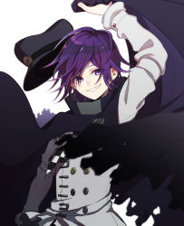 Rule 34 | 1boy, arm up, black cape, black hat, buttons, cape, checkered clothes, checkered scarf, commentary request, danganronpa (series), danganronpa v3: killing harmony, double-breasted, floating cape, grey jacket, grin, hair between eyes, hat, highres, holding, holding cape, holding clothes, jacket, kitsunebi v3kokonn, long sleeves, looking at viewer, male focus, oma kokichi, peaked cap, purple eyes, purple hair, scarf, short hair, smile, solo, teeth, torn cape, torn clothes, unworn hat, unworn headwear, upper body, white background