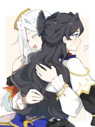 Rule 34 | 2girls, ?, black hair, capelet, chain, chinese commentary, closed eyes, closed mouth, commentary request, crescent, facing viewer, hair intakes, hands on another&#039;s back, hao02909434040, hat, highres, hug, kiratto pri chan, long hair, long sleeves, luluna (pri chan), mini hat, multiple girls, open mouth, pretty series, profile, puffy long sleeves, puffy sleeves, siblings, sisters, smile, solulu, sweatdrop, twins, upper body, wavy hair, white capelet, white hair, yellow eyes