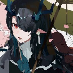 Rule 34 | 1girl, alternate costume, arknights, black hair, close-up, colored skin, dragon girl, dragon horns, dusk (arknights), green horns, green skin, hair over one eye, highres, holding, holding umbrella, horns, looking at viewer, multicolored hair, pointy ears, red eyes, sankichi (croquette crab), solo, streaked hair, umbrella