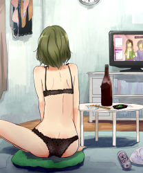 Rule 34 | 1girl, arm support, bare arms, bare back, bare legs, bare shoulders, barefoot, beer can, black bow, black bra, black panties, bottle, bow, bow bra, bra, can, chopsticks, clock, commentary request, cushion, drink can, from behind, green hair, highres, idolmaster, idolmaster cinderella girls, indoors, lace, lace-trimmed bra, lace-trimmed panties, lace trim, looking away, panties, polka dot, polka dot bra, polka dot panties, round table, short hair, shoulder blades, sitting, solo, table, takagaki kaede, television, underwear, underwear only, wall clock, watching television, wine bottle