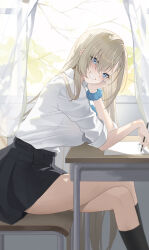 Rule 34 | 1girl, absurdres, asuna (blue archive), atom mtoa, black skirt, black socks, blonde hair, blue archive, blue eyes, blue scrunchie, blush, breasts, chair, crossed legs, desk, from side, highres, holding, kneehighs, large breasts, long hair, long sleeves, looking at viewer, paper, parted lips, scrunchie, shirt tucked in, sitting, skirt, smile, socks, solo, teeth, thighs, wrist scrunchie