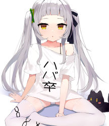 Rule 34 | 1girl, between legs, black cat, black ribbon, blush, bra strap, cat, chinese commentary, clothes writing, collarbone, commentary request, hair ornament, hair ribbon, hand between legs, hololive, long hair, looking at viewer, murasaki shion, no pants, no shoes, panties, pantyshot, parted lips, ribbon, shiokko (murasaki shion), shirt, short sleeves, single bare shoulder, sitting, solo, thighhighs, underwear, very long hair, virtual youtuber, white panties, white shirt, white thighhighs, yellow eyes, zhiyou ruozhe