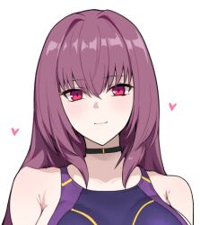 Rule 34 | 1girl, black choker, blush, breasts, character request, choker, closed mouth, commentary, competition swimsuit, copyright request, eyebrows hidden by hair, halcon, heart, long bangs, looking at viewer, lowres, medium breasts, one-piece swimsuit, purple hair, red eyes, smile, solo, swimsuit, two-tone swimsuit, white background