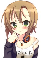 Rule 34 | 10s, 1girl, bad id, bad pixiv id, blush, brown hair, clothes writing, green eyes, headphones, headphones around neck, idolmaster, idolmaster cinderella girls, jewelry, looking at viewer, necklace, off shoulder, rocomani, short hair, smile, solo, tada riina