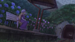 Rule 34 | 1girl, bench, blonde hair, blue flower, bow, breasts, commentary request, day, dress, elbow gloves, flower, forest, full body, gloves, grass, grey sky, hair bow, hat, hydrangea, long hair, looking afar, luke (kyeftss), medium breasts, mob cap, nature, outdoors, overcast, parasol, pink flower, pink umbrella, puffy short sleeves, puffy sleeves, purple dress, rain, red bow, short sleeves, sitting, sky, solo, touhou, train, train station, tunnel, umbrella, very long hair, white gloves, white hat, yakumo yukari
