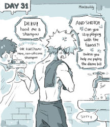 Rule 34 | 2boys, alternate universe, anger vein, annoyed, artist name, bakugou katsuki, bathroom, boku no hero academia, commentary, english commentary, english text, faucet, freckles, from behind, ghost, greyscale, highres, holding, indoors, male focus, midoriya izuku, minibuddy, monochrome, multiple boys, open mouth, shampoo bottle, short hair, sink, speech bubble, spiked hair, standing, topless male, towel on one shoulder, water