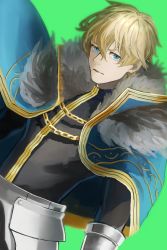 Rule 34 | 1boy, armor, blonde hair, blue cape, blue eyes, cape, chi4co0820, collared cape, excalibur galatine (fate), fate/extra, fate/grand order, fate (series), fur collar, gauntlets, gawain (fate), green background, knight, knights of the round table (fate), long sleeves, looking at viewer, male focus, short hair, simple background, solo