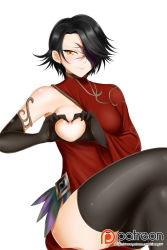 Rule 34 | 1girl, black hair, breasts, cinder fall, elbow gloves, gloves, hair over one eye, heart-shaped boob challenge, highres, kimmy77, crossed legs, medium breasts, nipples, one breast out, patreon logo, rwby, scar, scar on face, short hair, skindentation, solo, thighhighs, thighs, watermark, web address, white background, yellow eyes