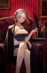 Rule 34 | 1girl, absurdres, bare shoulders, black coat, black dress, black hair, breasts, chair, cigarette, cleavage, clothing cutout, coat, coat on shoulders, collarbone, crossed legs, dress, goddess of victory: nikke, grin, highres, large breasts, long hair, looking at viewer, maviss 03, multicolored hair, nail polish, off-shoulder dress, off shoulder, official alternate costume, parted hair, red eyes, red nails, rosanna (nikke), sitting, smile, smoking, solo, split-color hair, white hair