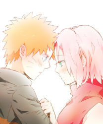 Rule 34 | 1boy, 1girl, black jacket, blonde hair, blue eyes, blush, breasts, closed mouth, clothes grab, facial mark, facing another, forehead-to-forehead, from side, grabbing, green eyes, half-closed eyes, hand up, haruno sakura, heads together, hetero, jacket, jacket tug, long sleeves, looking at another, looking down, medium breasts, medium hair, multicolored clothes, multicolored jacket, naruto, naruto (series), naruto shippuuden, orange jacket, parted lips, pink hair, red shirt, shirt, short hair, simple background, sleeve grab, spiked hair, upper body, uzumaki naruto, whisker markings, whiskers, white background, woofin, zipper, zipper pull tab