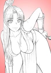 Rule 34 | breasts, fatal fury, hand fan, hanging breasts, highres, japanese clothes, large breasts, long hair, looking at viewer, monochrome, ponytail, shiranui mai, snk, the king of fighters