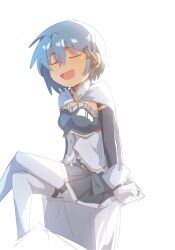 Rule 34 | 1girl, blue hair, blue skirt, cape, closed eyes, commentary, crossed legs, detached sleeves, fortissimo, gloves, hair ornament, highres, magical girl, mahou shoujo madoka magica, mahou shoujo madoka magica (anime), miki sayaka, miki sayaka (magical girl), musical note, musical note hair ornament, open mouth, short hair, simple background, sitting, skirt, solo, sorghum39919263, symbol-only commentary, thighhighs, white background, white cape, white gloves, white thighhighs