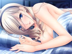 Rule 34 | 10s, 1girl, bed, bed sheet, blonde hair, blue eyes, blush, breasts, celia kumani entory, covering privates, drill hair, game cg, hairband, komori kei, large breasts, long hair, looking at viewer, nude cover, pillow, smile, solo, walkure romanze