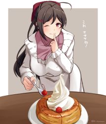 Rule 34 | 1girl, absurdres, ahoge, apron, befu, brown hair, cherry, finger to mouth, food, fruit, hair ornament, hair ribbon, hairclip, highres, kantai collection, kappougi, leaning forward, long hair, looking at viewer, mamiya (kancolle), pancake, pink shirt, red eyes, ribbon, shirt, smile, solo, spoon, table, translation request, twitter username, whipped cream