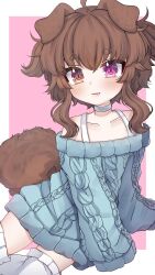 Rule 34 | 1girl, absurdres, animal ears, artist request, blue sweater, brown hair, choker, dog ears, dog girl, dog tail, emi (vtuber), fang, heterochromia, highres, indie virtual youtuber, looking at viewer, no pants, short hair, sitting, sleeves past wrists, solo, sweater, tail, thighhighs, thighs, two side up, virtual youtuber, white thighhighs