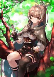 Rule 34 | 1girl, absurdres, ahoge, belt, branch, brown capelet, brown cloak, brown corset, brown eyes, brown hair, cape, capelet, cloak, corset, dappled sunlight, embroidery, feather hair ornament, feathers, gears, gloves, hair ornament, hieroglyphics, highres, hololive, hololive english, in tree, knee strap, kneehighs, leaf, long hair, looking at viewer, nanashi mumei, notebook, partially fingerless gloves, ponytail, quill, red skirt, rei (9086), ribbon, shirt, single kneehigh, single sock, single thighhigh, sitting, sitting in tree, skirt, smile, socks, solo, sunlight, thigh strap, thighhighs, tree, tree shade, virtual youtuber, white shirt