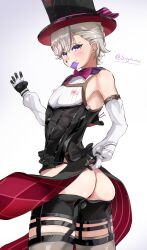 Rule 34 | 1boy, absurdres, anus, ass, bulge, condom, condom in mouth, covered erect nipples, genshin impact, gloves, hat, highres, looking back, lyney (genshin impact), mouth hold, purple eyes, robe, sayokase, see-through, shorts, solo, thighhighs, thighs, tight clothes, top hat, trap