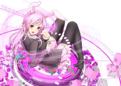 Rule 34 | 1girl, animal ears, bad id, bad pixiv id, black thighhighs, blazer, breasts, collared shirt, cube, danmaku, finger gun, jacket, light trail, long hair, long sleeves, looking at viewer, no shoes, open mouth, pink skirt, pleated skirt, purple hair, rabbit ears, radiosity (yousei), red eyes, reisen udongein inaba, revision, shirt, simple background, skirt, solo, thighhighs, thighs, touhou, white background, white shirt