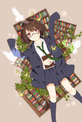 Rule 34 | 1girl, book, bookshelf, brown hair, bug, butterfly, fuu (07199382), glasses, green necktie, highres, holding, holding book, insect, looking at viewer, necktie, original, pleated skirt, red eyes, school uniform, short hair, skirt, smile, solo