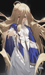 Rule 34 | 1girl, artist name, blue capelet, brown eyes, capelet, chilakkk, closed mouth, commentary, cowboy shot, dress, hand up, highres, light brown hair, long hair, looking at viewer, reaching, reaching towards viewer, sense (sousou no frieren), solo, sousou no frieren, very long hair, white dress